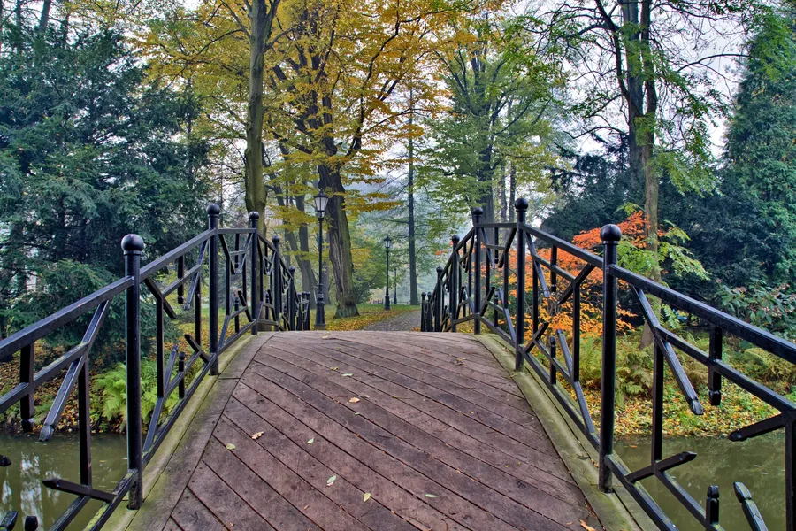 Pont en métal noir au-dessus d’un petit cours d’eau, parc arboré